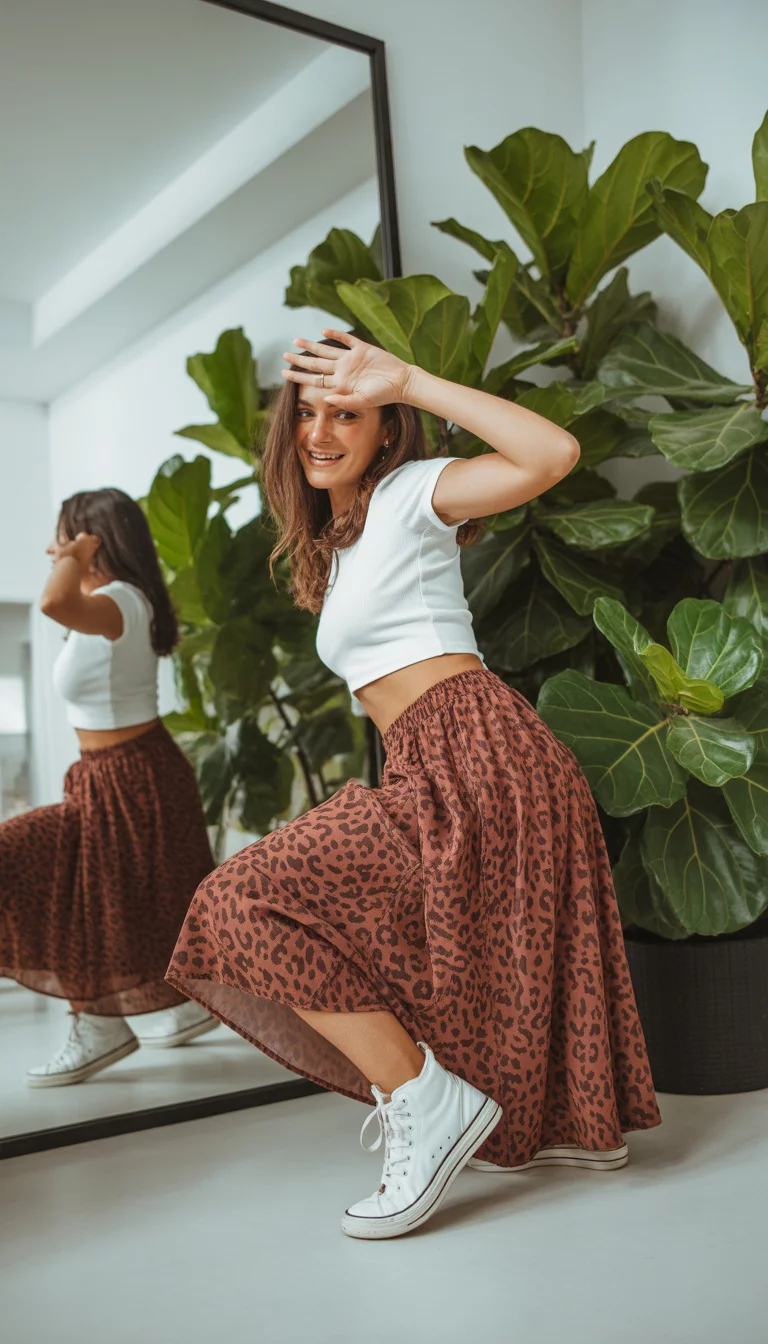 A beautiful woman in a white cropped top, a brown leopard-print midi skirt, white high-top sneakers, taking a mirror selfie near a houseplant.