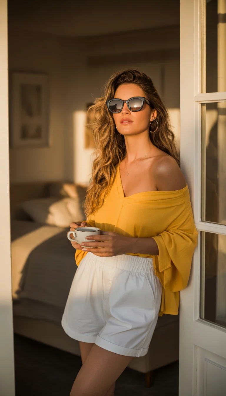 A beautiful woman in a yellow off-the-shoulder top, white short shorts, black sunglasses, standing in a bedroom doorway.