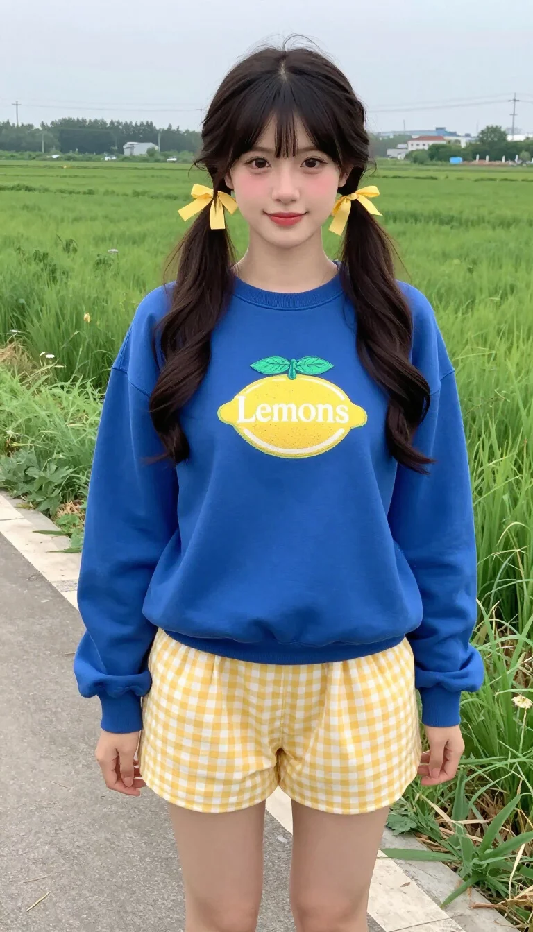 A beautiful woman in a blue Lemons sweatshirt, yellow gingham shorts, ribbons in her pigtails, standing on a paved path beside grassy fields.