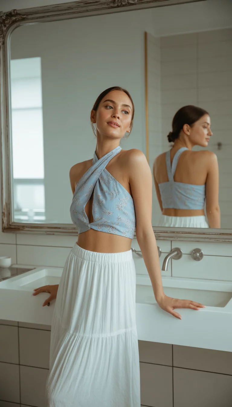 A beautiful woman in a light blue floral halter crop top, a long tiered white skirt, taking a mirror selfie in a bathroom.