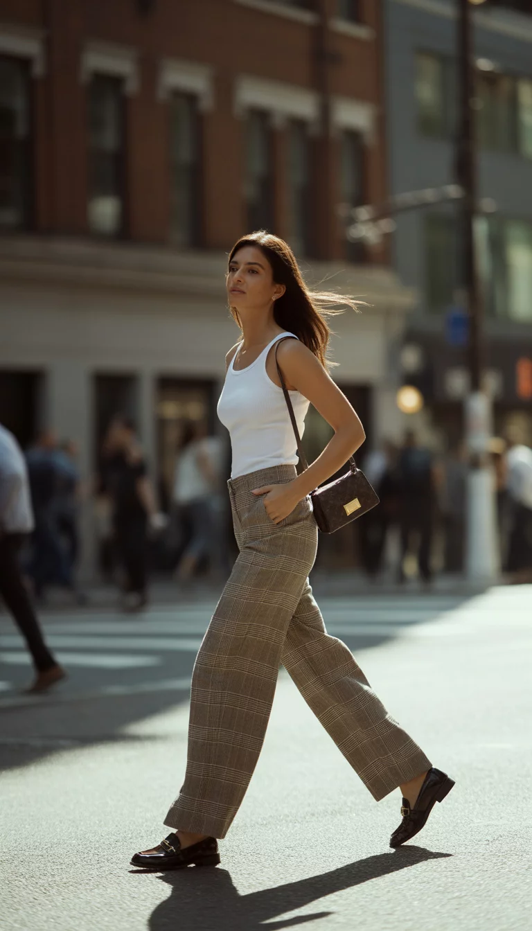 A beautiful woman in a white tank top, oversized plaid wide-leg trousers, dark loafers, she carries a small handbag, walking down an urban street.