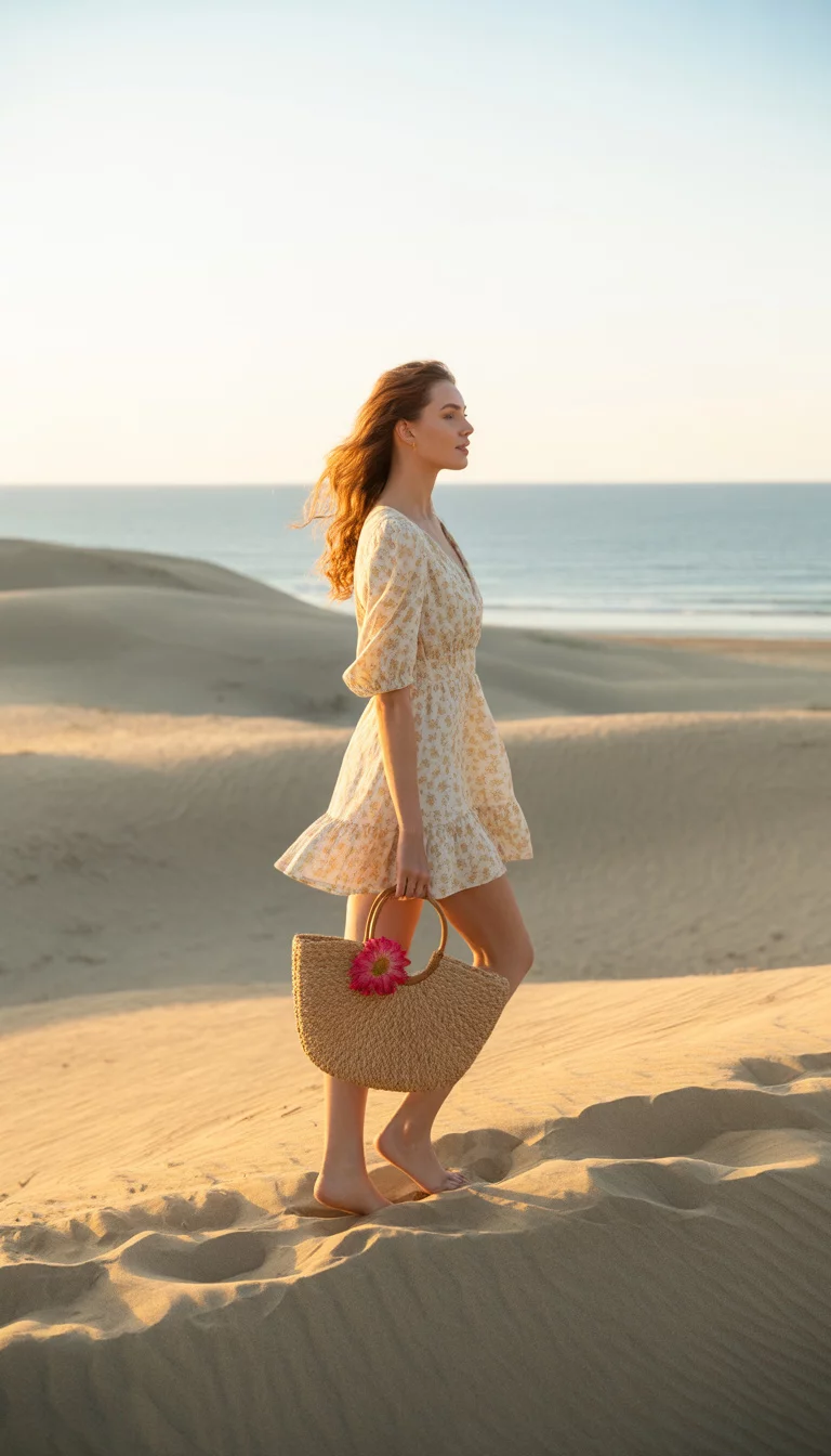A beautiful woman in a cream-colored floral mini-dress, she carries a woven bag with a pink flower accent, standing on sand dunes near the ocean.