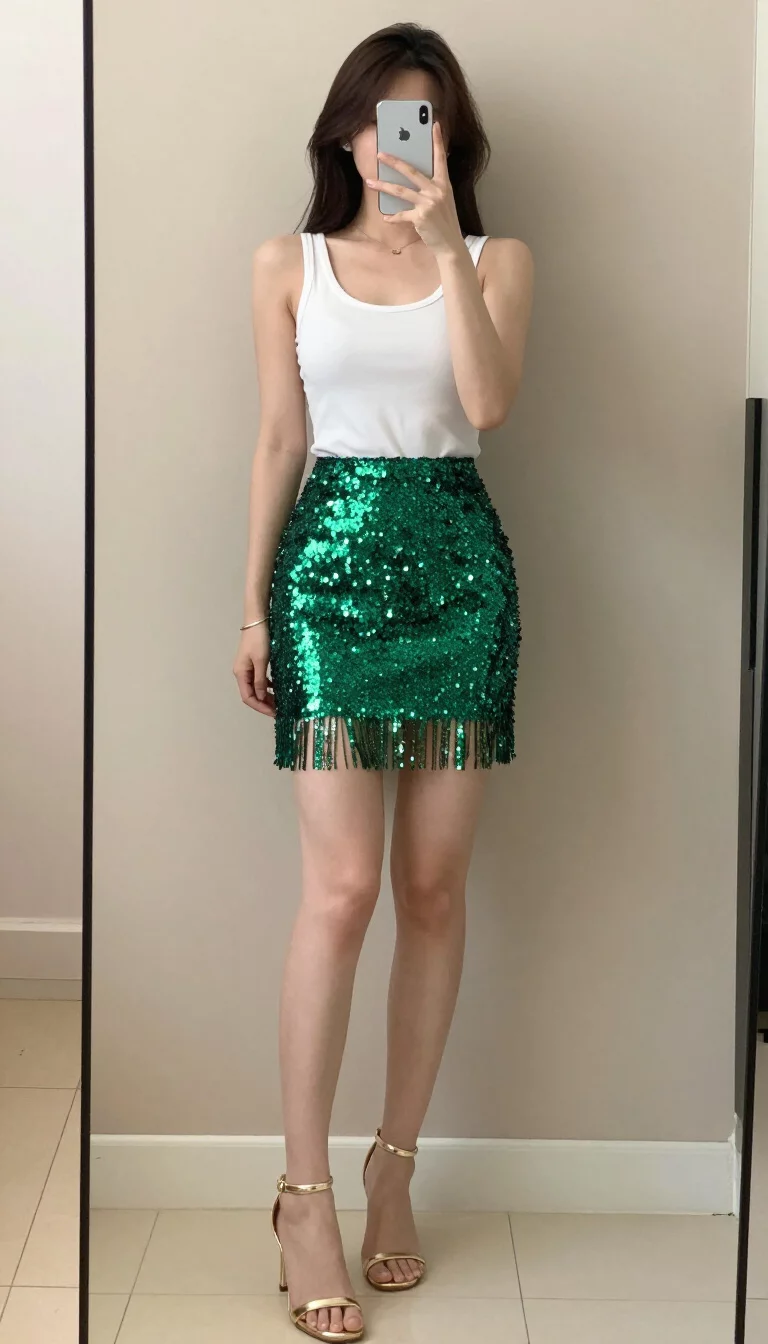 A beautiful woman in a white tank top, a shimmering green sequined mini skirt with fringe, and gold ankle-strap heels, selfie length mirror.