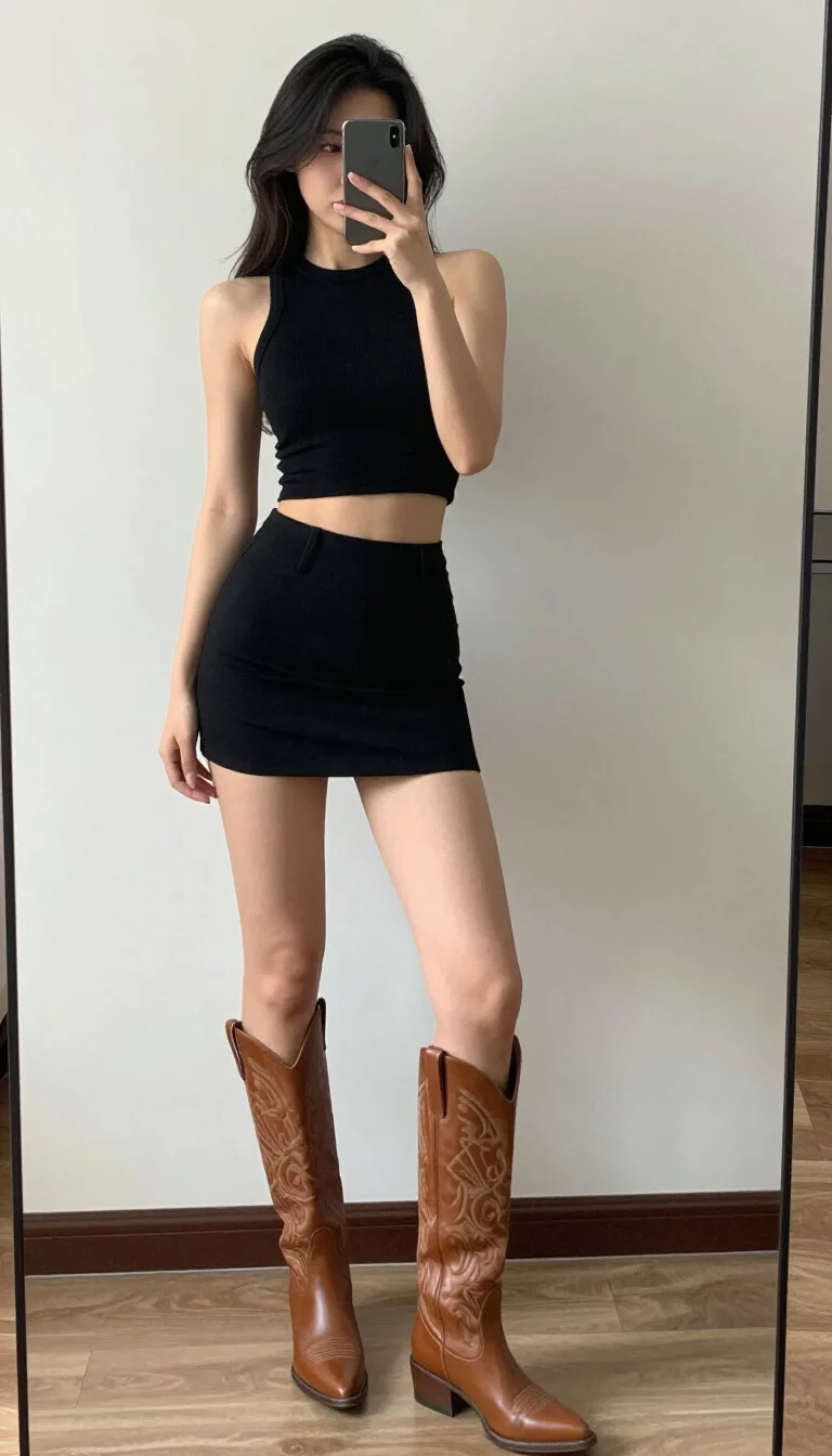 A beautiful woman in a black sleeveless crop top and a matching black mini skirt, accessorized with tall brown slouchy cowboy boots in a light room, mirror selfie.