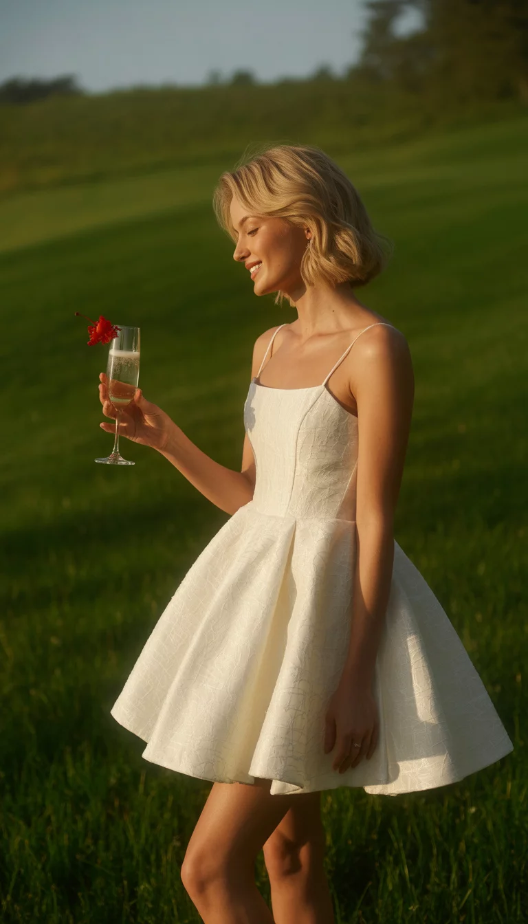 A beautiful woman in a short structured white corset-style dress with thin straps and a voluminous skirt, holding a cocktail on grass on a sunny day.