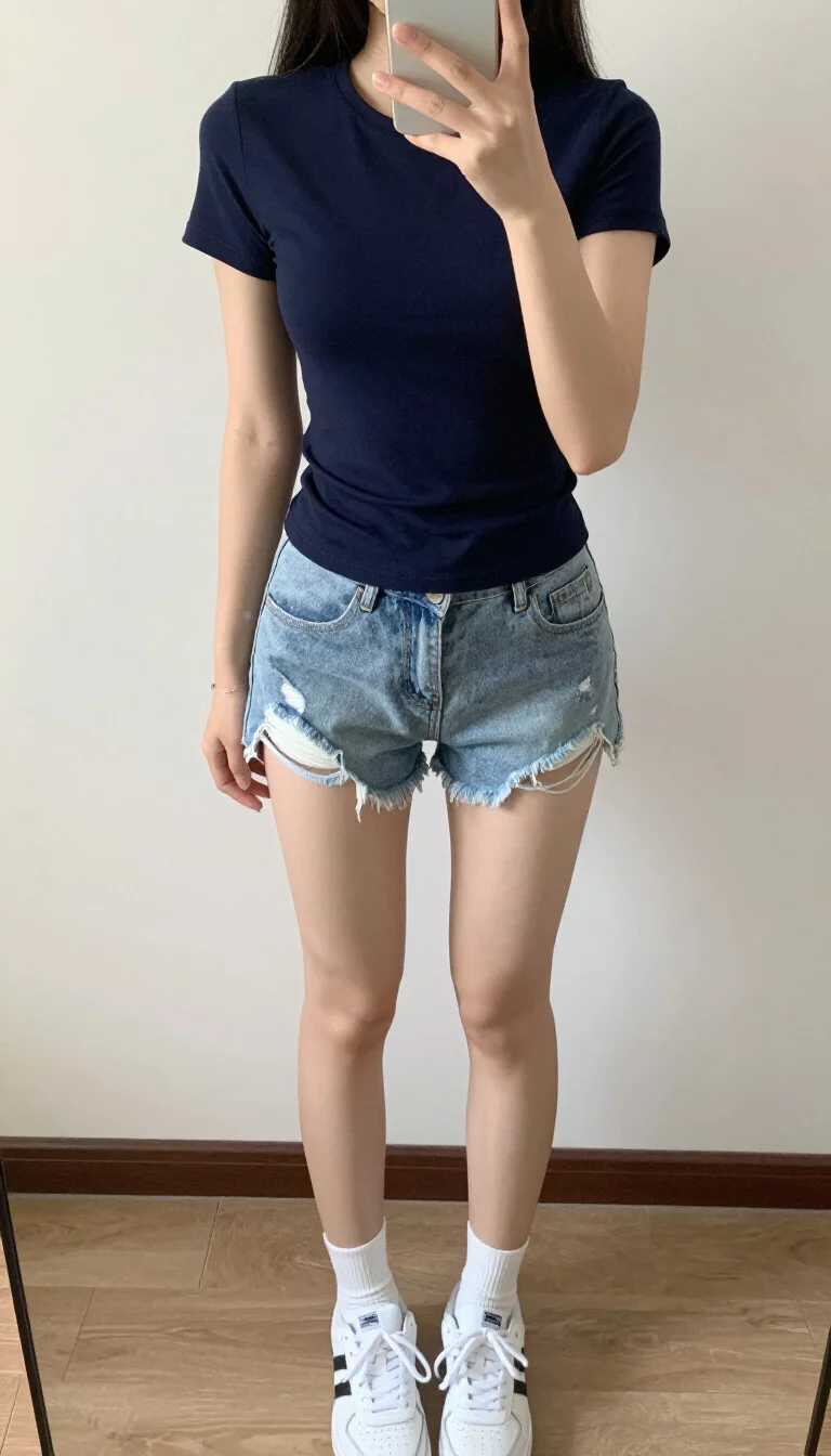 A beautiful teenager girl in a dark blue fitted short-sleeved shirt, distressed light blue denim shorts, white socks, and white sneakers, mirror selfie, face not visible.