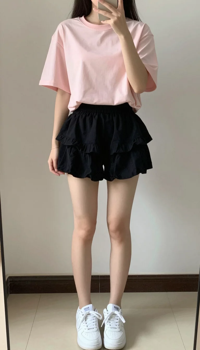 A beautiful teenager girl in a loose cropped light pink short-sleeved t-shirt, white top, black ruffled shorts, and white sneakers, mirror selfie, face not visible.