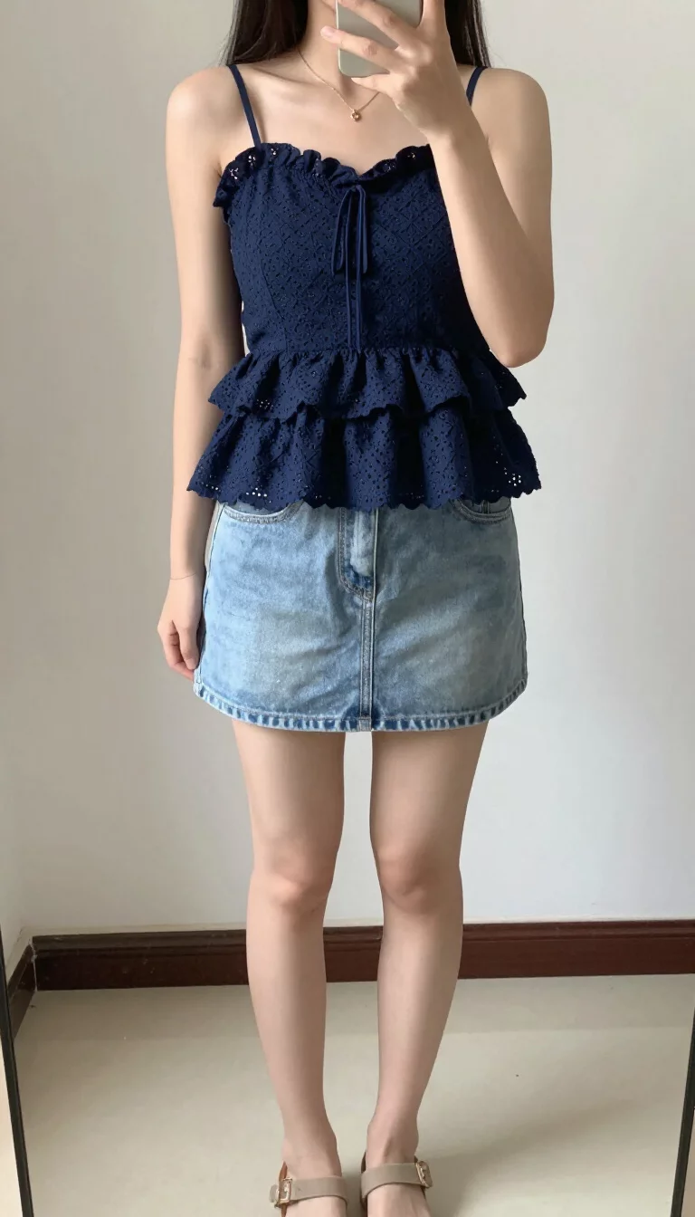A beautiful teenager girl in a tiered navy blue ruffled eyelet camisole, short light-wash denim mini-skirt, and simple sandals, mirror selfie, face not visible.