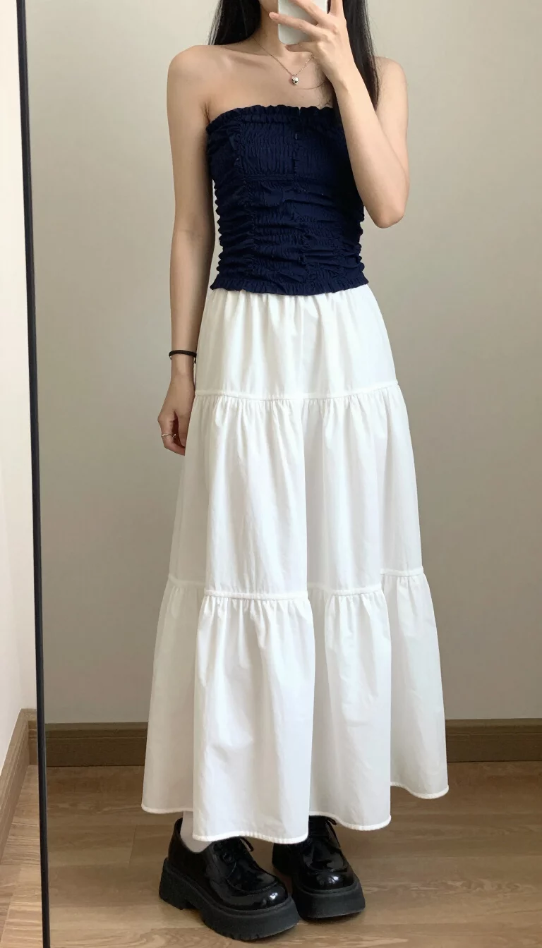 A beautiful teenager girl in a navy blue ruched strapless tube top, tiered long white maxi skirt, and black platform shoes, mirror selfie, face not visible.
