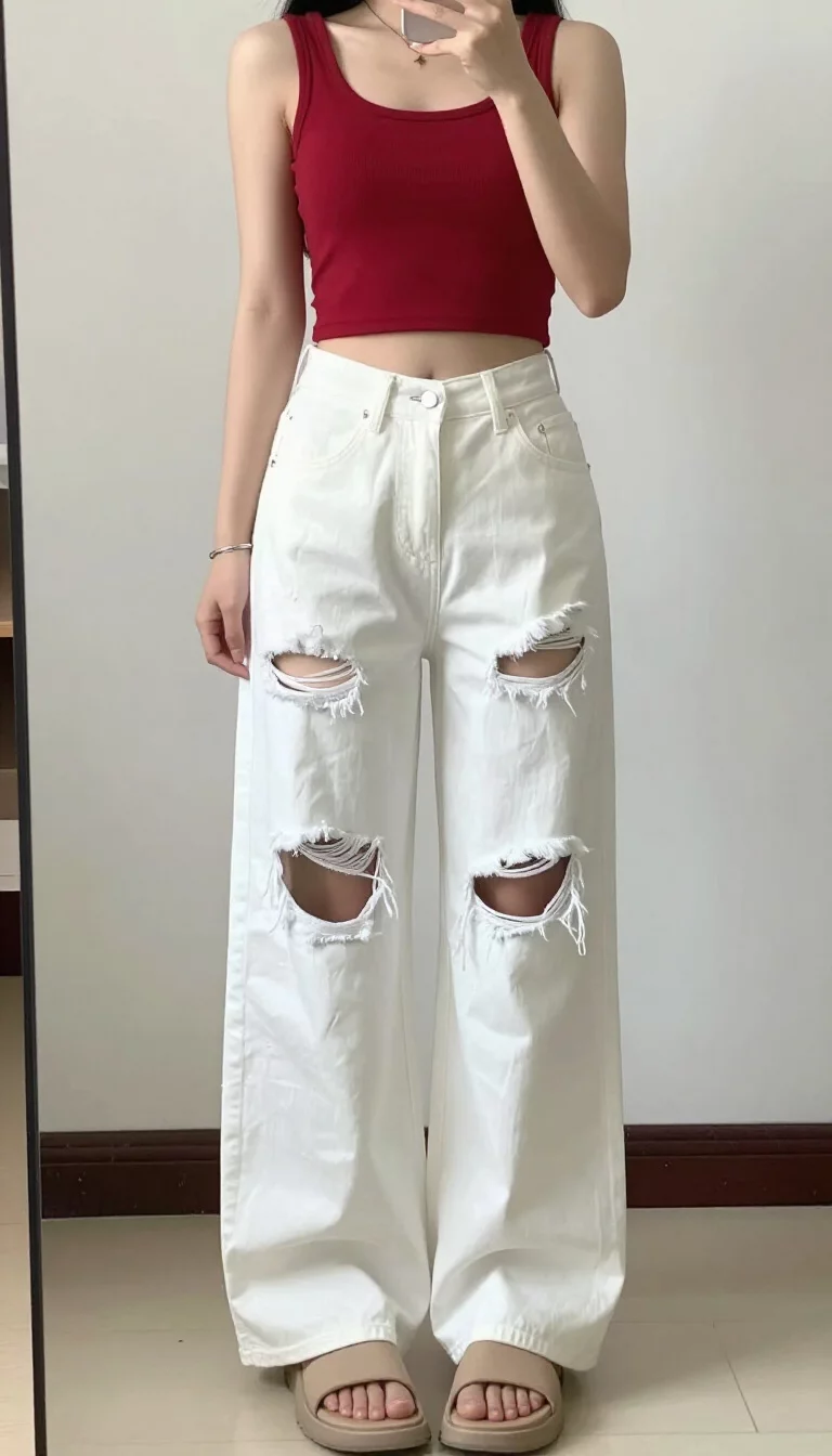 A beautiful teenager girl in a red athletic tank top, heavily ripped wide-leg white jeans, and nude slip-on sandals, mirror selfie, face not visible.