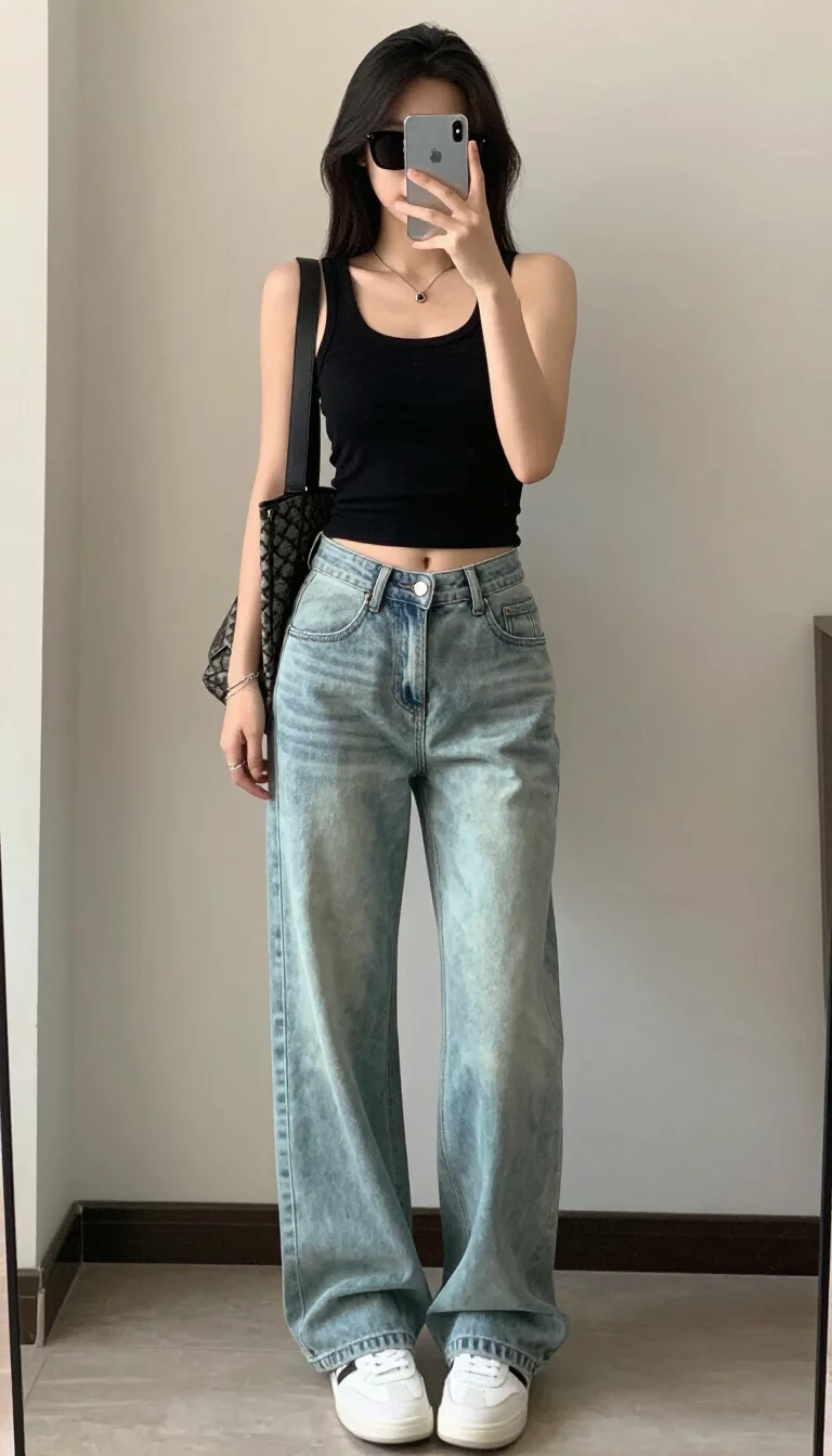 A beautiful teenager girl in a black tank top, low-rise light wash baggy jeans, white sneakers, dark narrow sunglasses, and she carries a patterned shoulder bag, mirror selfie, face not visible.