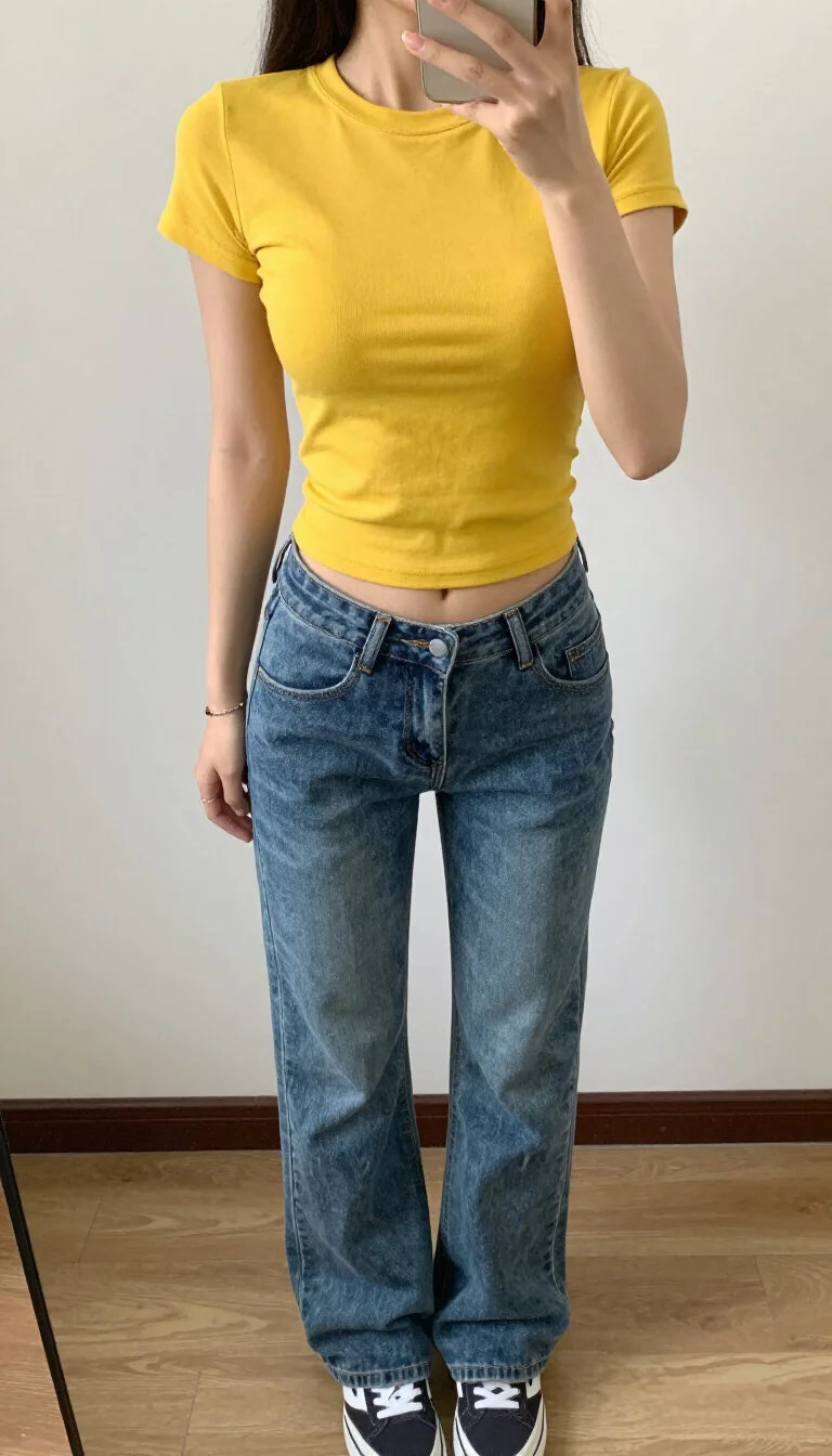 A beautiful teenager girl in a fitted bright yellow short-sleeve t-shirt, low-rise medium-wash blue jeans, and dark sneakers, mirror selfie, face not visible.