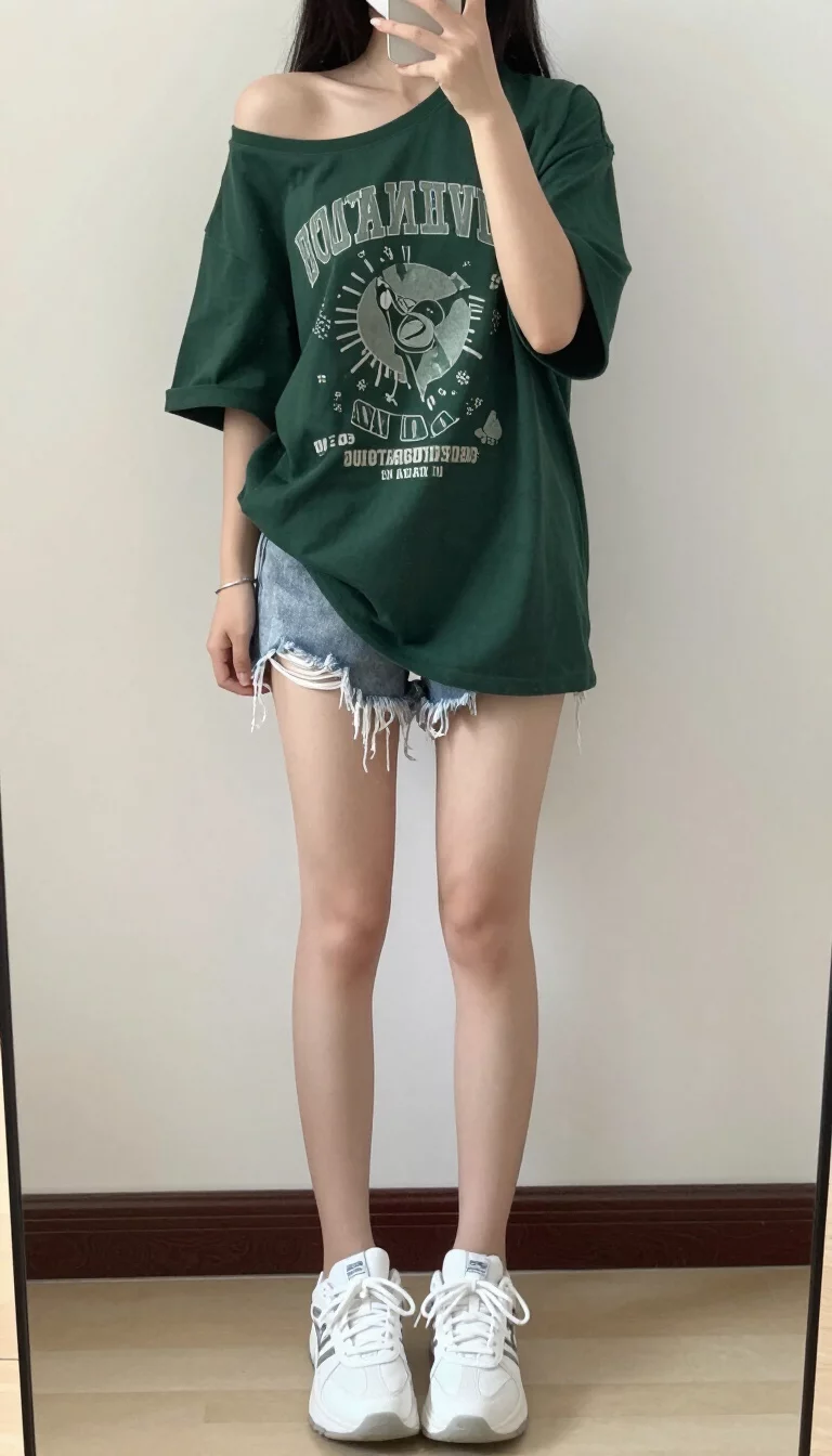 A beautiful teenager girl in an oversized off-the-shoulder dark green graphic t-shirt, very short frayed denim shorts, and white athletic shoes, mirror selfie, face not visible.