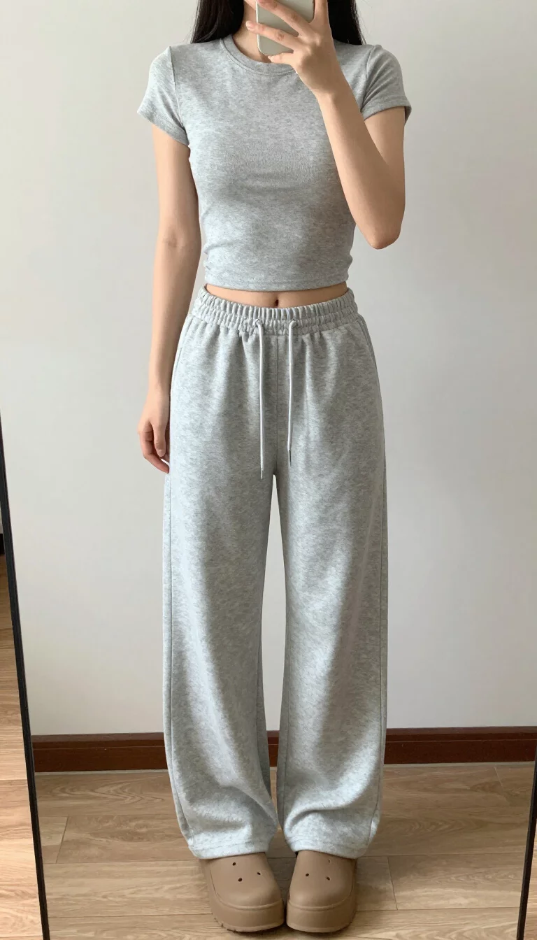 A beautiful teenager girl in a light grey fitted short-sleeve cropped top, matching light grey oversized sweatpants, and brown platform clogs, mirror selfie, face not visible.