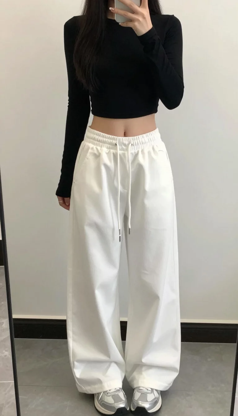A beautiful teenager girl in a black fitted cap-sleeve crop top, low-rise baggy white trousers with a drawstring waist, and silver sneakers, mirror selfie, face not visible.