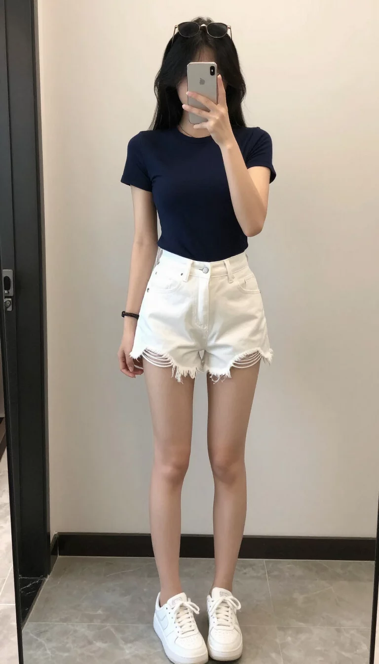 A beautiful teenager girl in a navy blue fitted short-sleeve t-shirt, high-waisted white frayed shorts, white sneakers, and she wears sunglasses on her head, mirror selfie, face not visible.