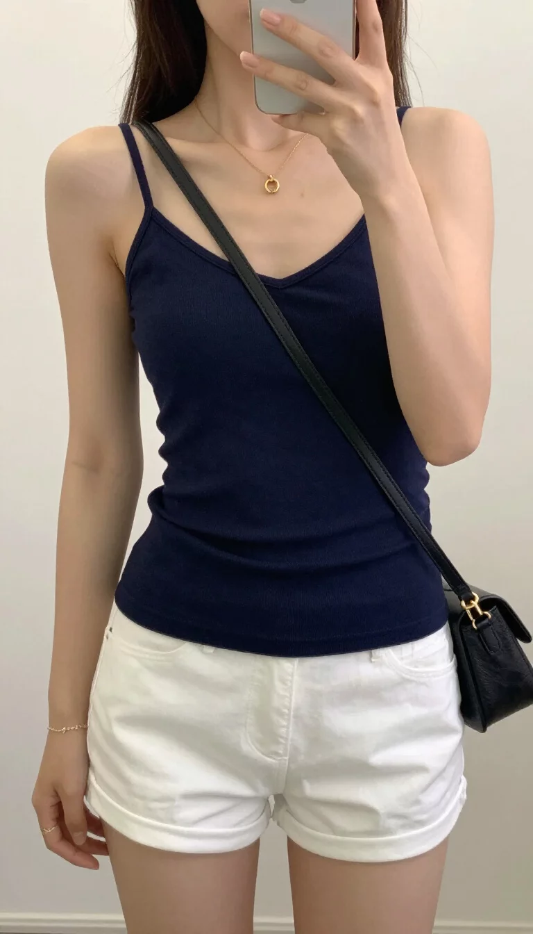 A beautiful teenager girl in a navy blue V-neck camisole, white shorts, gold jewelry, and she carries a dark crossbody bag, mirror selfie, face not visible.