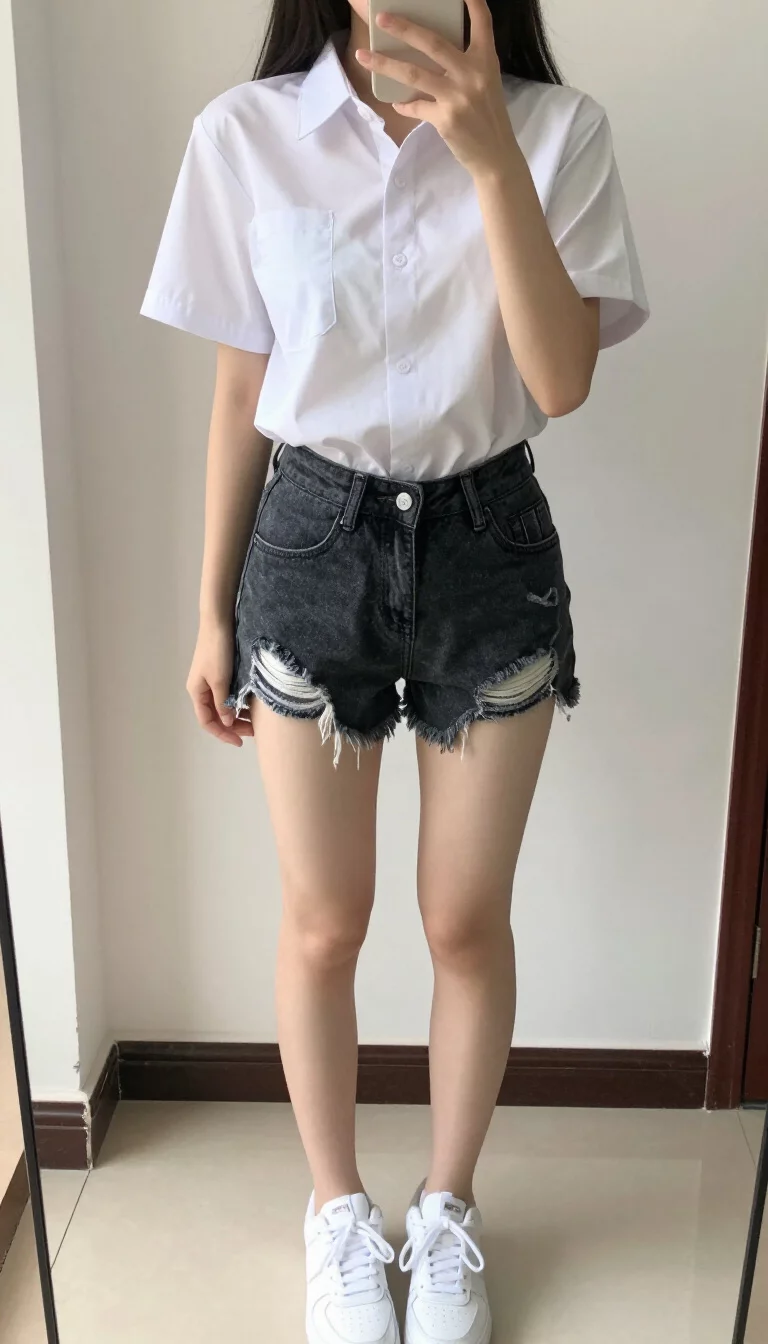 A beautiful teenager girl in a short-sleeved white collared shirt, white top, distressed black denim shorts, and white sneakers, mirror selfie, face not visible.