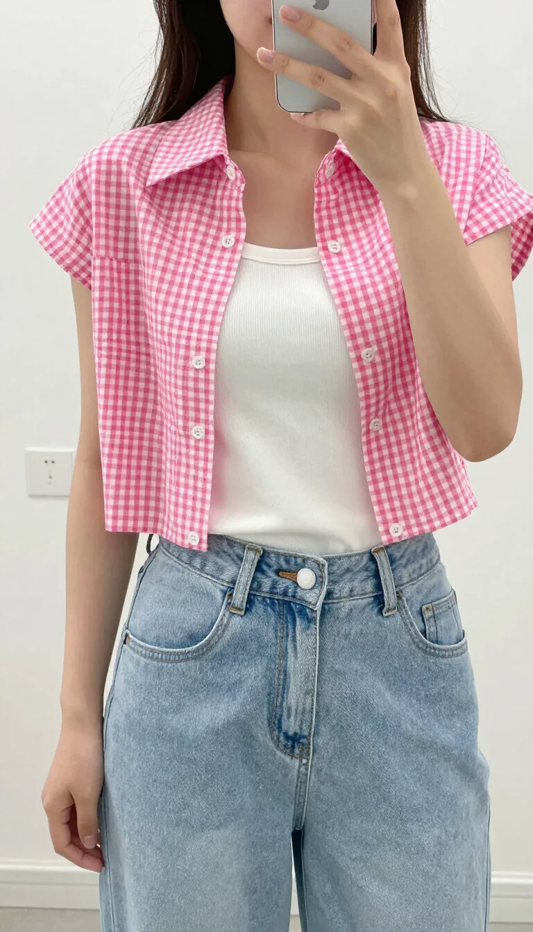 A beautiful teenager girl in a white tank top, unbuttoned cropped pink gingham short-sleeve shirt, and light blue wide-leg jeans, mirror selfie, face not visible.