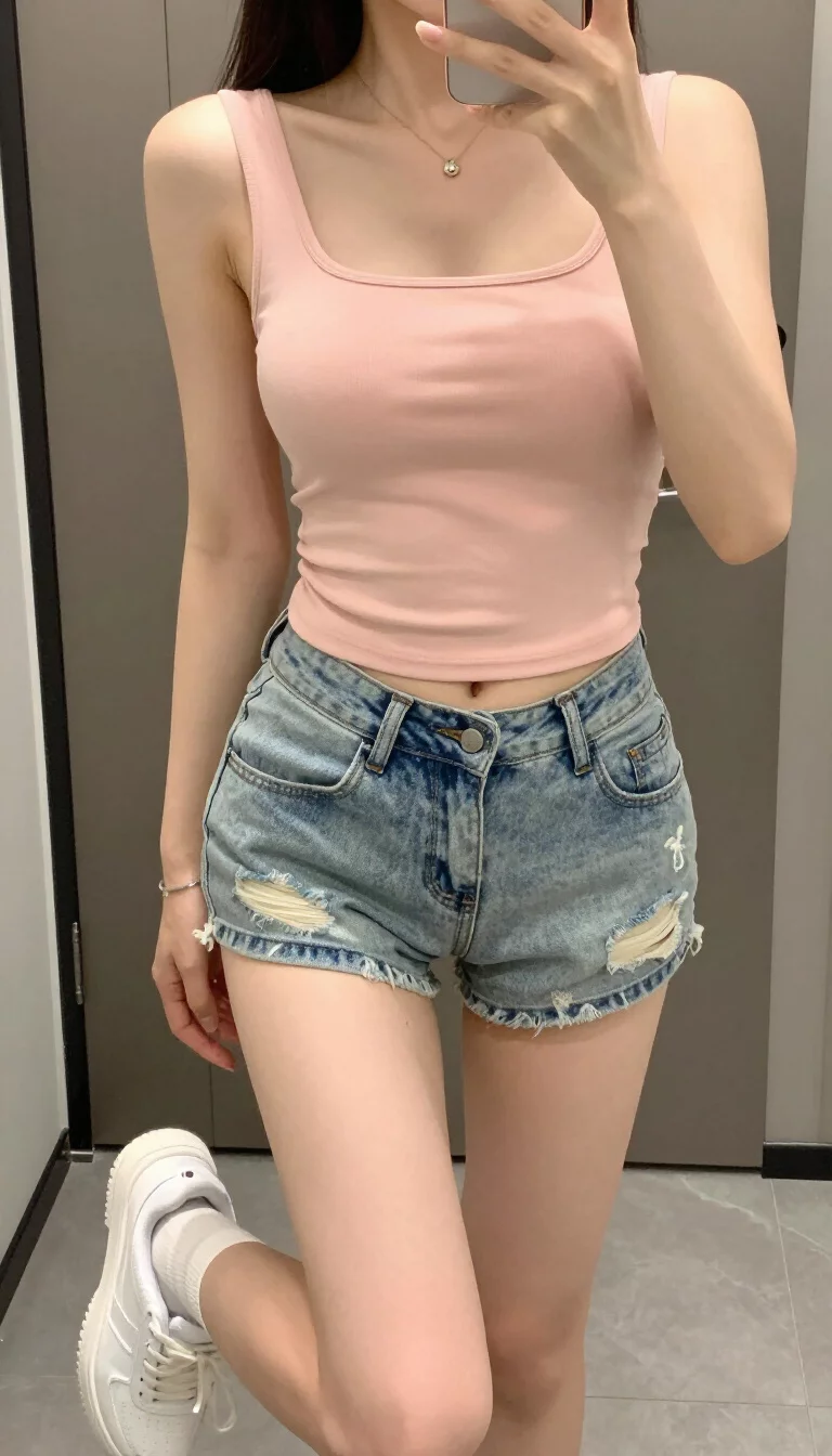 A beautiful teenager girl in a light pink fitted square-neck tank top, low-rise distressed light blue denim shorts, white sneakers, and white socks, mirror selfie, face not visible.