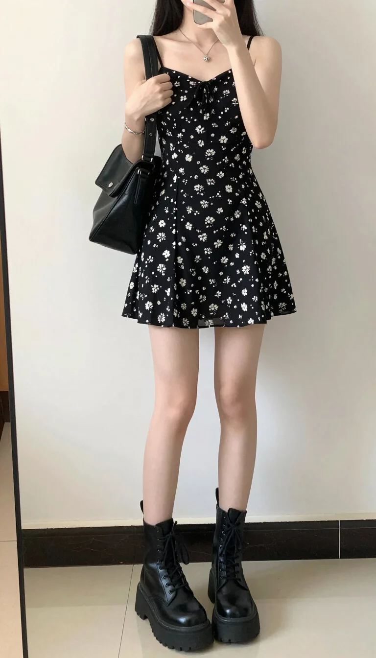 A beautiful teenager girl in a black floral print camisole mini-dress, black platform combat boots, and she carries a black structured shoulder bag, mirror selfie, face not visible.
