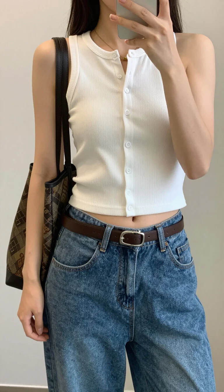 A beautiful teenager girl in a white ribbed button-front sleeveless top, low-rise baggy indigo denim pants, brown belt, and she carries a patterned bag, mirror selfie, face not visible.