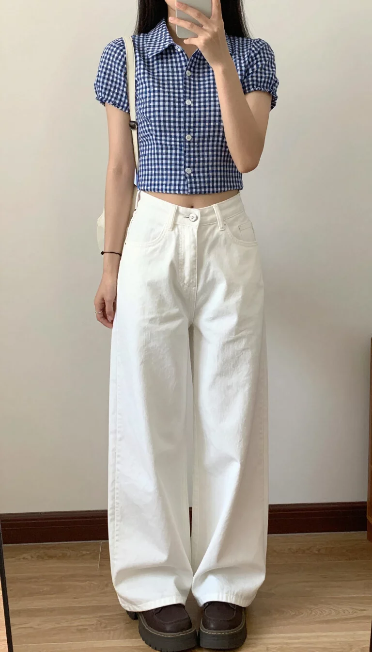 A beautiful teenager girl in a fitted gingham short-sleeve button-up, white crop top, baggy white denim pants, and dark platform shoes, mirror selfie, face not visible.