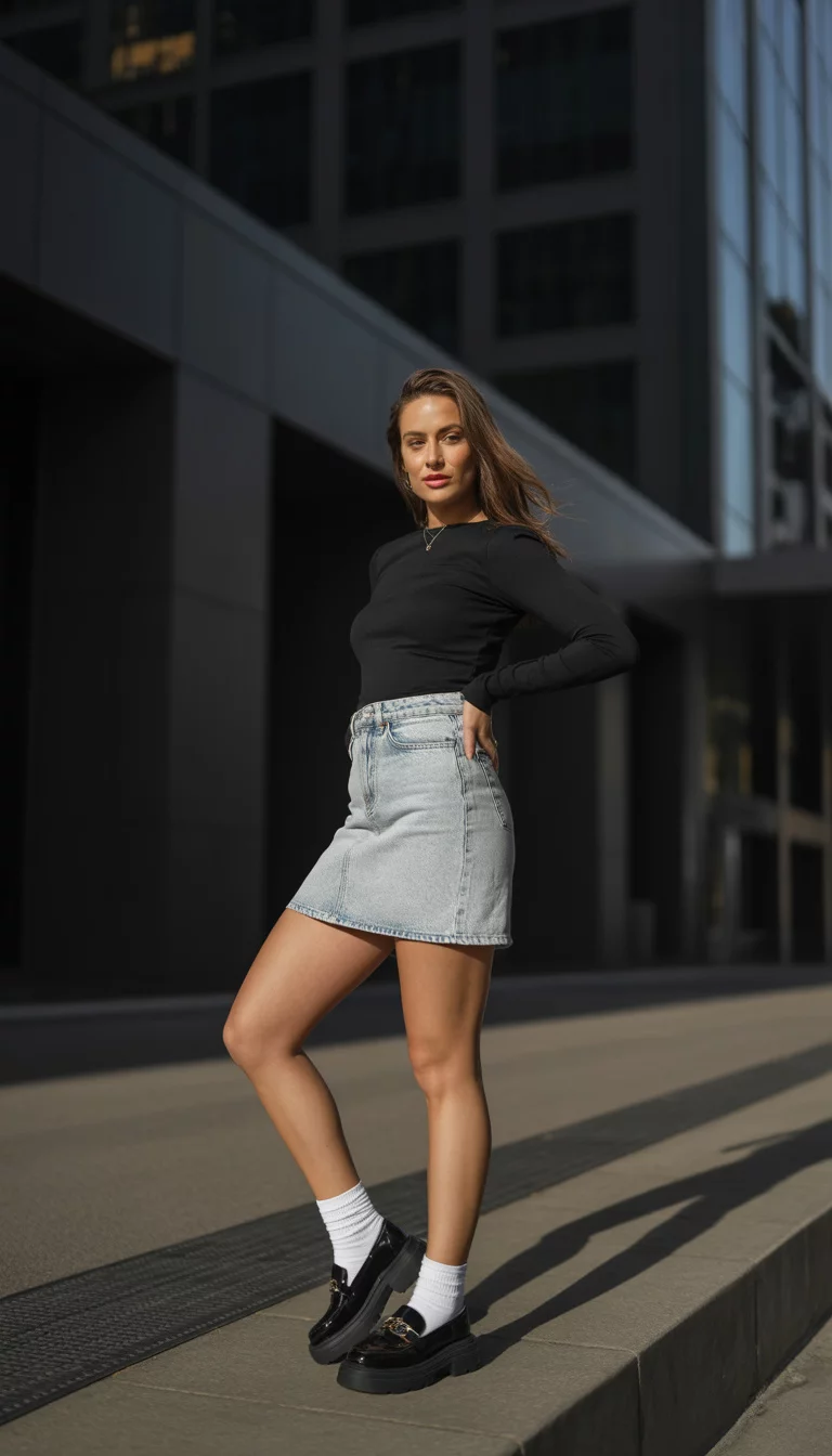 A beautiful woman in a black fitted top and light wash denim mini skirt wears chunky black loafers and socks, posing on a city curb with modern buildings.