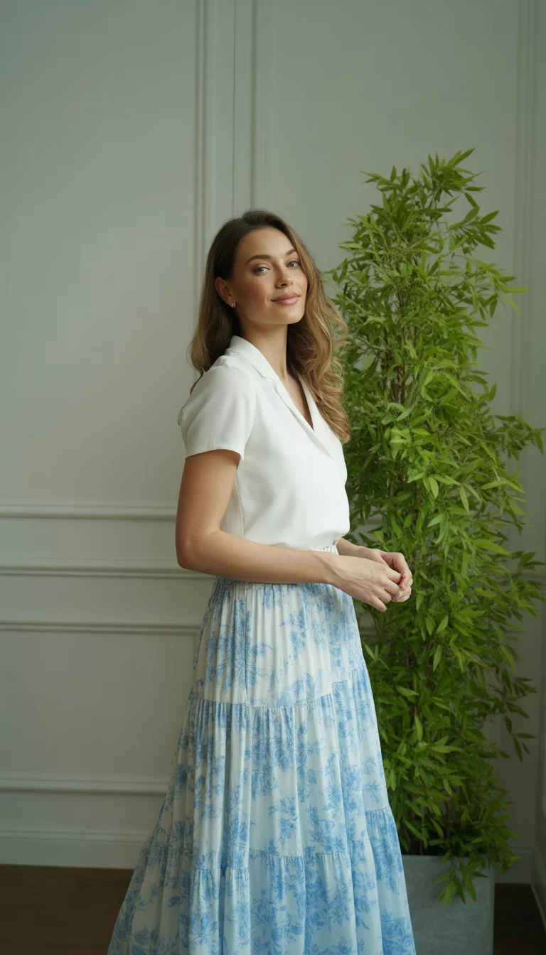 A beautiful woman in a crisp white short-sleeve top and a blue and white floral tiered maxi skirt stands indoors against a white paneled wall beside a tall potted plant.