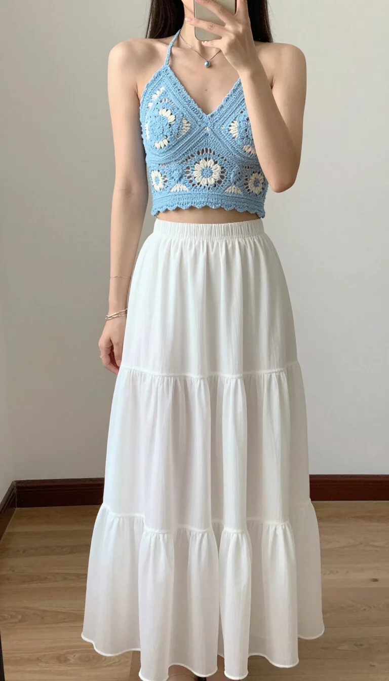 A beautiful woman in a light blue floral crocheted halter crop top and a long tiered white gauze maxi skirt takes a mirror selfie.