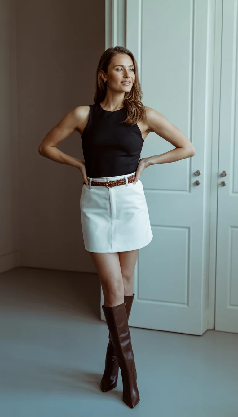 A beautiful woman in a fitted black sleeveless top, a white mini skirt belted with brown, and tall dark brown pointed-toe boots posing in a room with white doors.