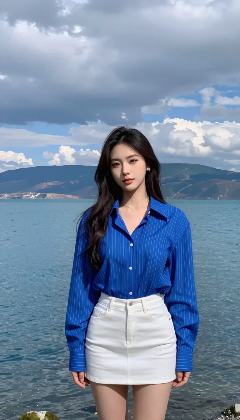A beautiful woman in a vibrant blue pinstripe button-down shirt and a white mini skirt poses by a large blue lake bordered by mountains under a dramatic cloudy sky.