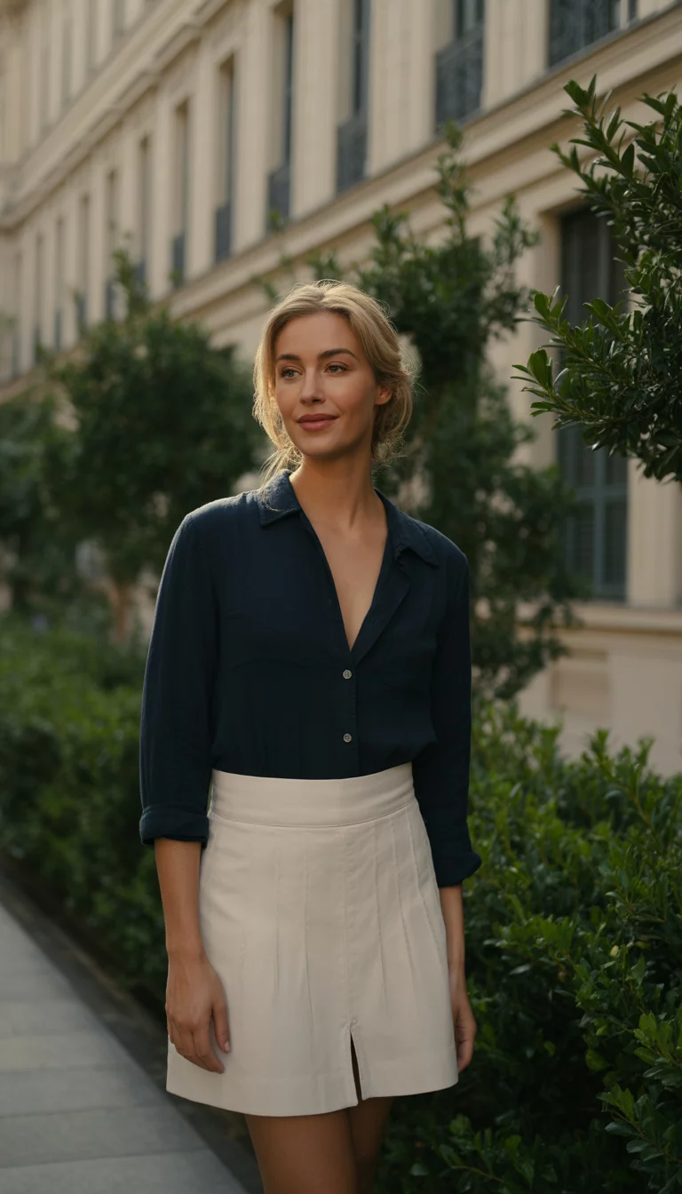 A beautiful woman in a dark navy V-neck button-down shirt and a white mini skirt stands in a park setting with trees and historic buildings.