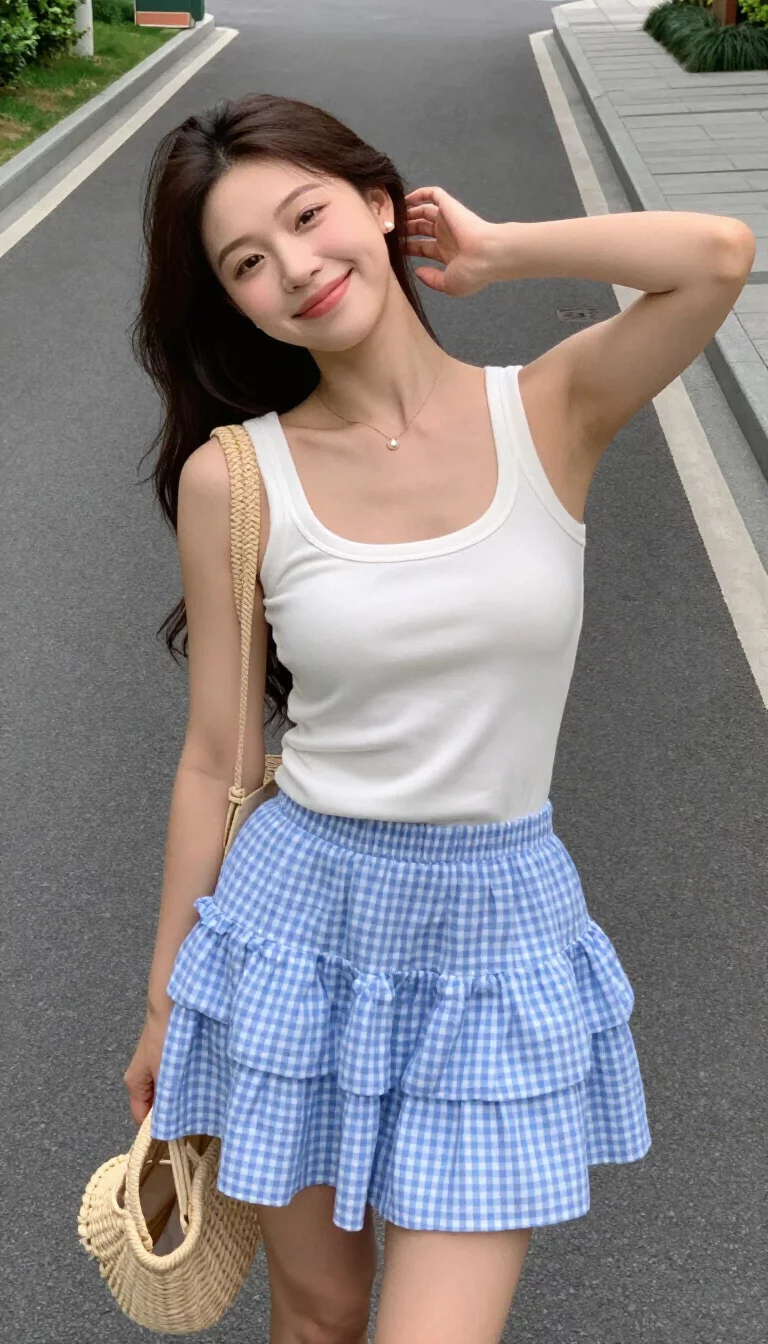 A smiling woman in a white tank top and a tiered light blue gingham mini skirt poses on a paved path holding a straw bag, indoor selfie.