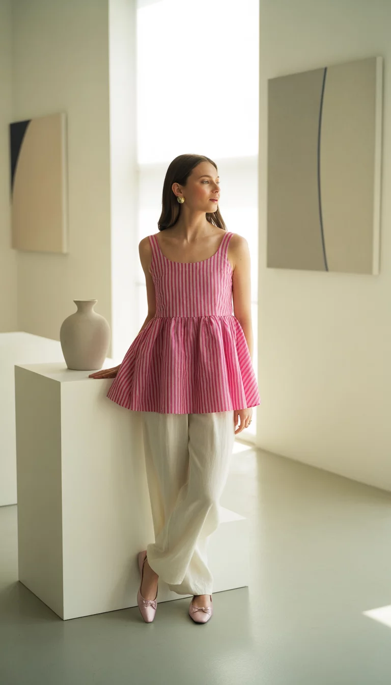 Vertical Stripes And Wide Straps A beautiful woman in a pink and white vertically striped peplum tank top with wide straps, white loose fitting pants, pink ballet flats, and gold stud earrings, standing in a brightly lit art gallery.