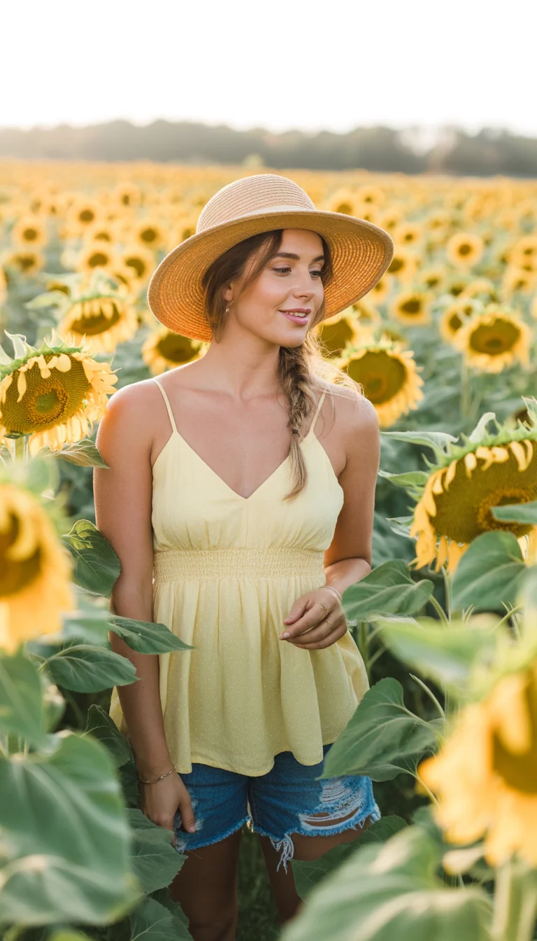 Smocked Waist Yellow Camisole A beautiful woman in a pale yellow camisole with thin spaghetti straps and smocked waist, blue denim shorts, tan leather sandals, and a straw sun hat, standing in a field of sunflowers.