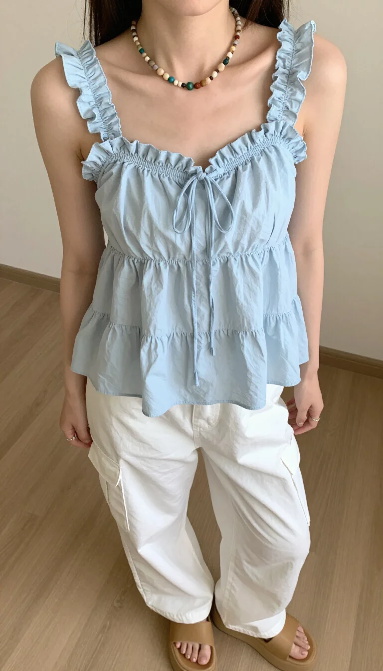 Tiered Ruffle Blue Camisole A beautiful woman in a light blue tiered ruffle camisole with a bust tie, white cargo pants, tan platform sandals, and a beaded necklace, indoor selfie.