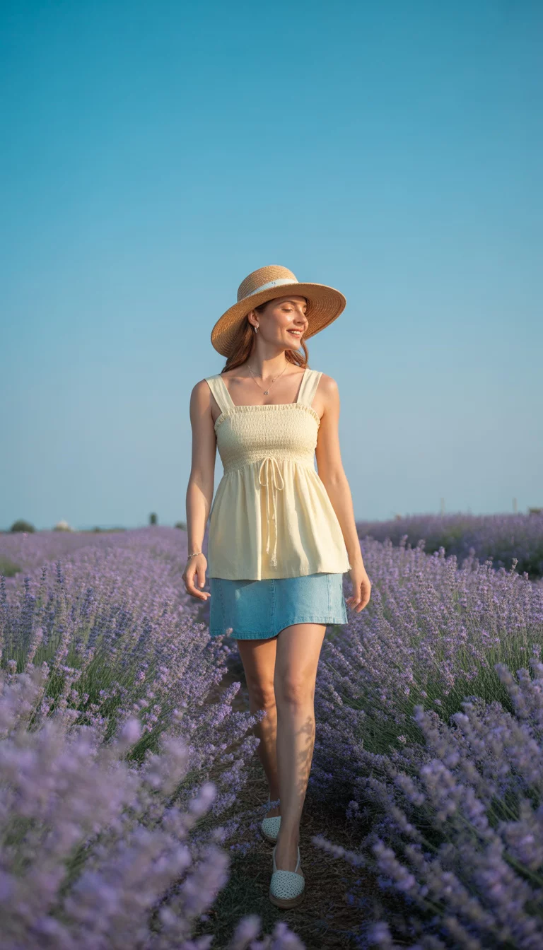 Smocked Yellow Babydoll A beautiful woman in a light yellow smocked babydoll top with thin straps and bust drawstring, light blue denim skirt, white espadrilles, and a straw sun hat, walking through a blooming lavender field.