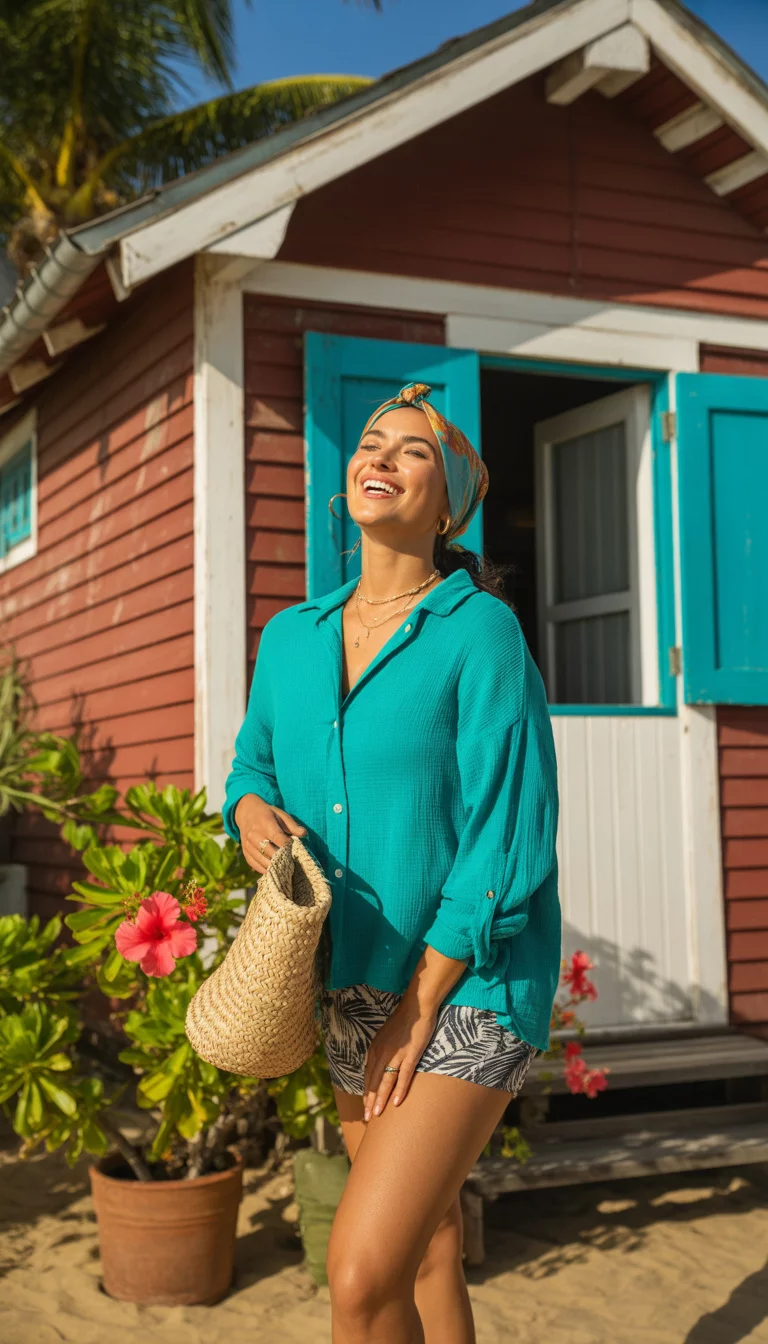A beautiful woman in a bright teal loose button-down shirt, graphic print shorts, and a colorful headscarf, holding a straw bag, near a red and white beach shack.