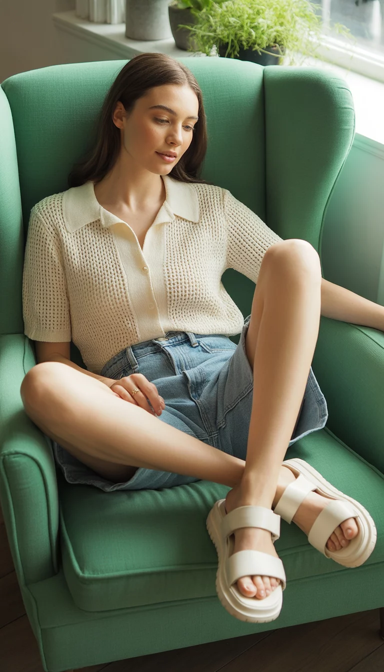 A beautiful woman in a cream open-knit collared top, light wash denim shorts, and chunky white comfort sandals, indoors by a green armchair.