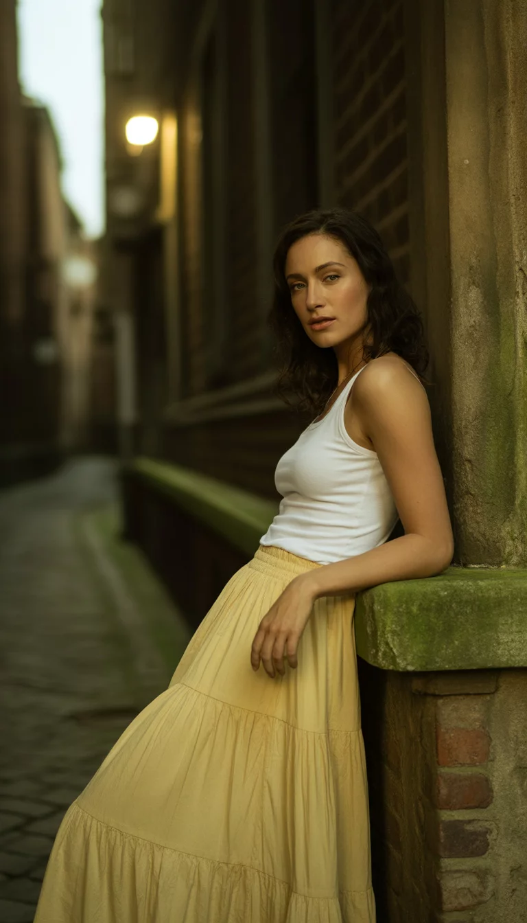 A beautiful woman in a white tank top and a long, tiered, light yellow maxi skirt, leaning against a weathered wall in a narrow, dimly lit European alleyway.