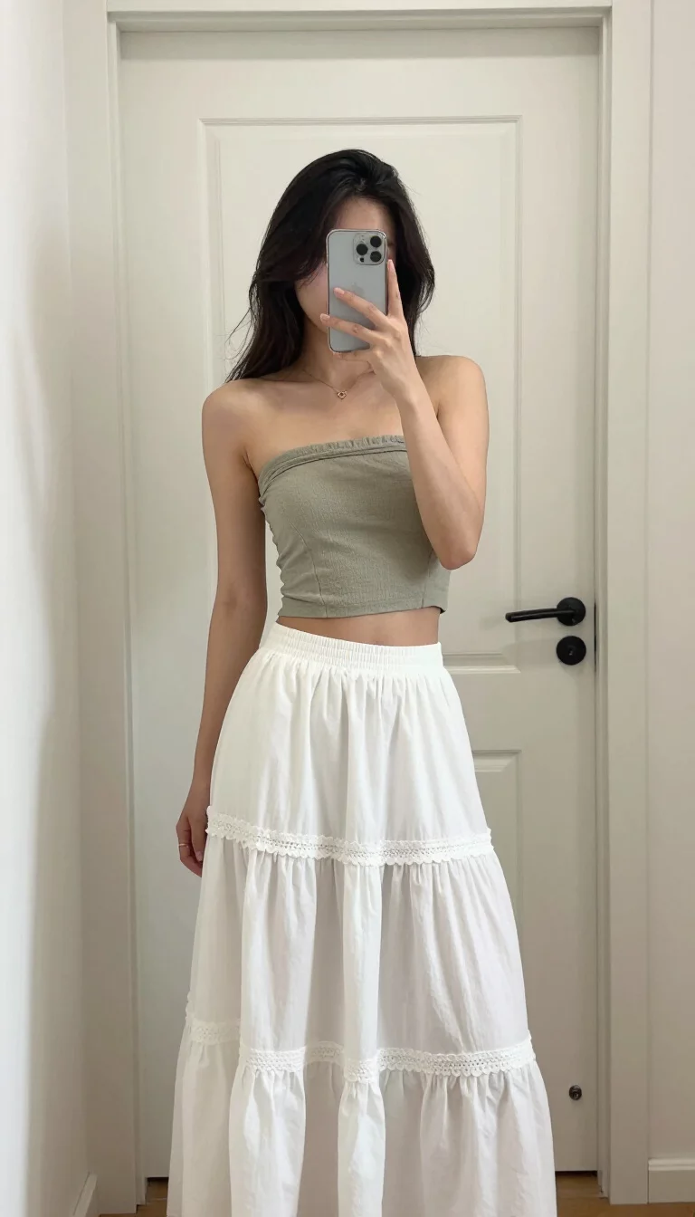 A beautiful woman in a dusty sage green strapless crop top and a tiered, bohemian white maxi skirt, taking a mirror selfie indoors in front of a white door.