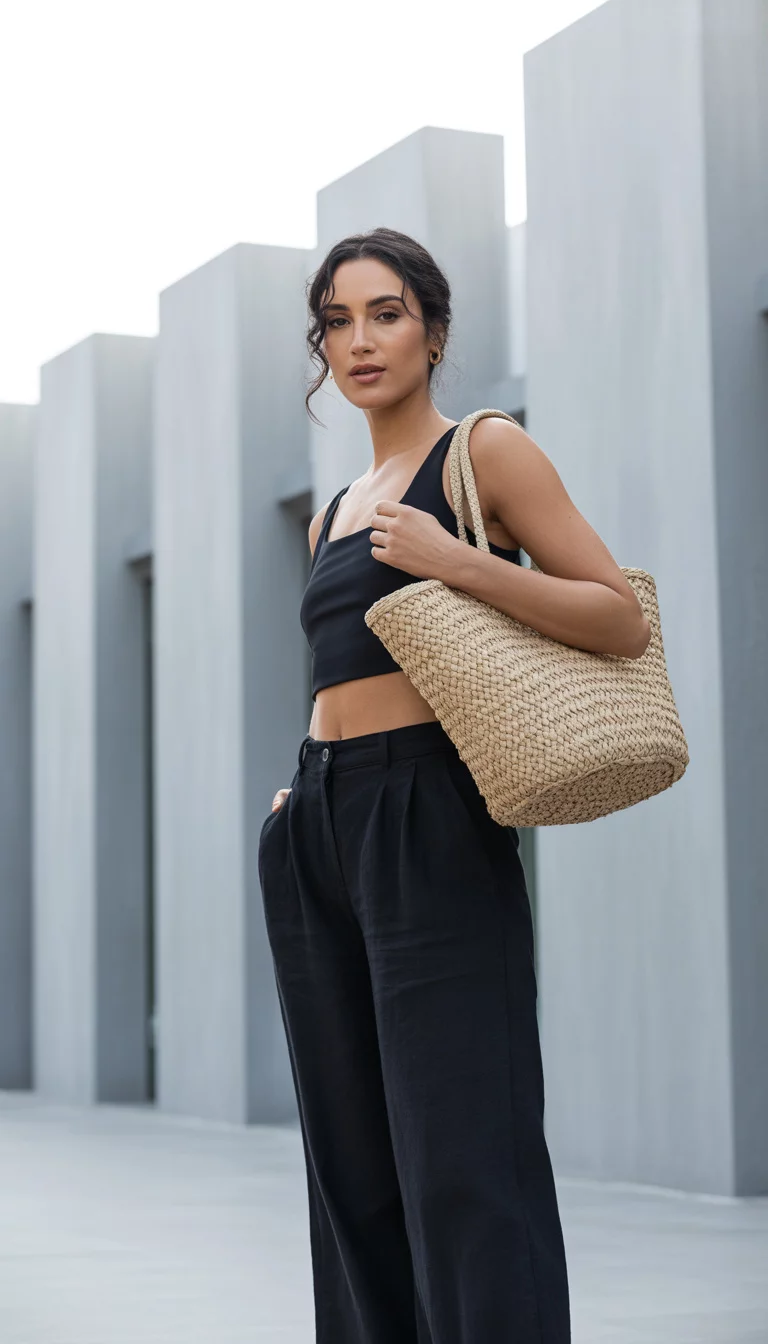 A beautiful woman in a black crop top, high-waisted wide-leg black linen pants, and carries a woven tote bag, set against neutral architecture.