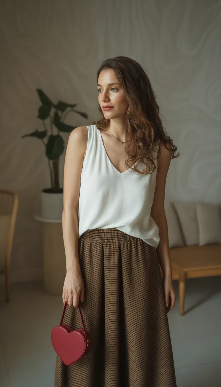 A beautiful woman in a white V-neck tank top, low-slung brown and black striped maxi skirt, and holding a small red heart bag, indoors.
