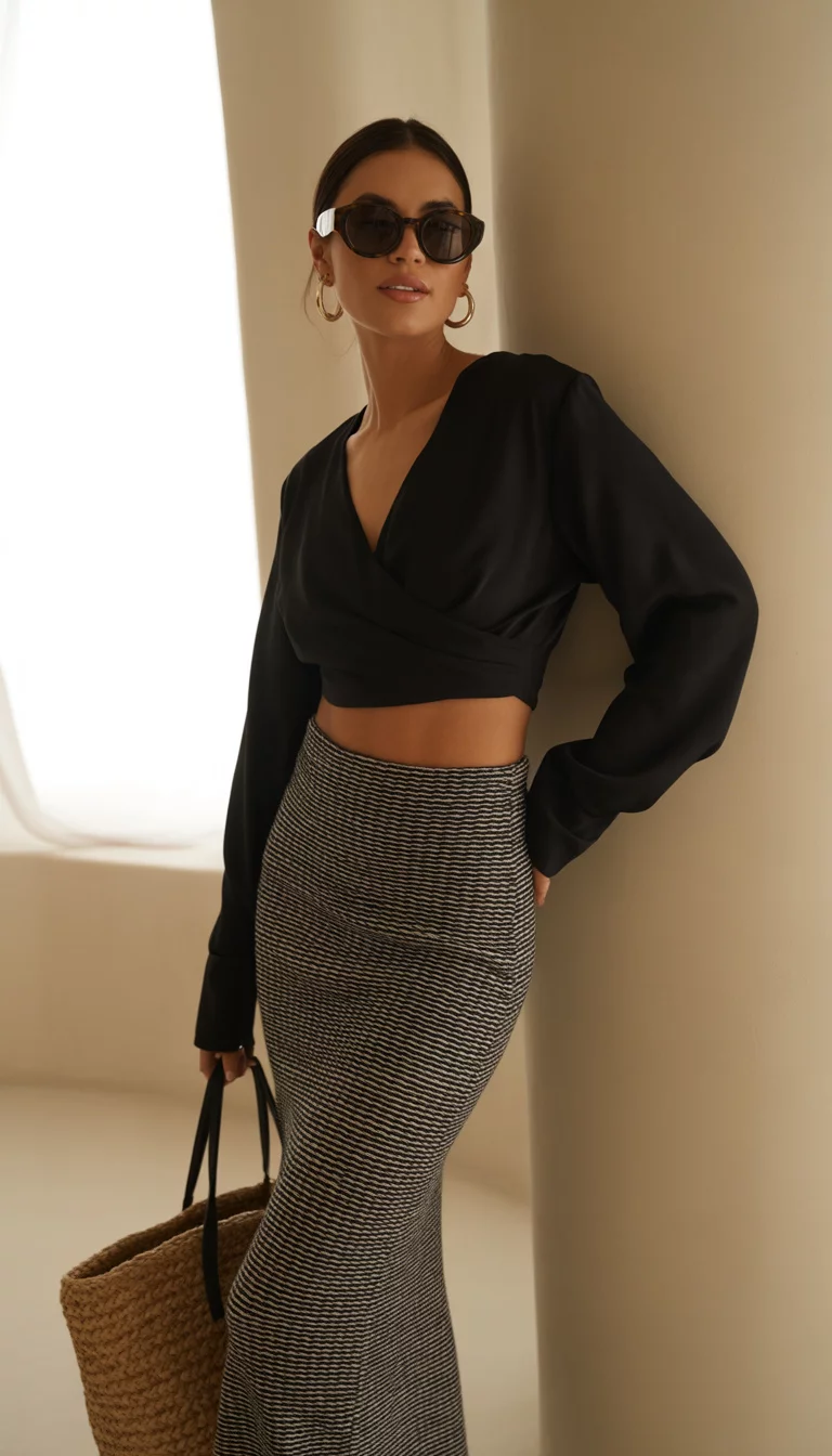 A beautiful woman in a black wrap crop top, low-rise black and white striped knit maxi skirt, sunglasses, and a woven tote bag, indoors.