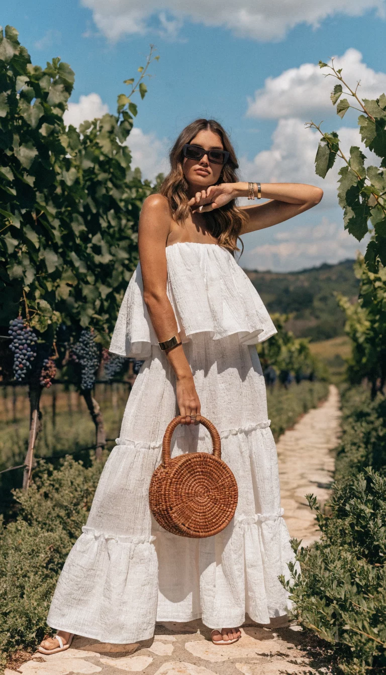 A beautiful woman in a white strapless tiered maxi dress and dark sunglasses, she holds a woven brown handbag while posing in a bright vineyard setting.