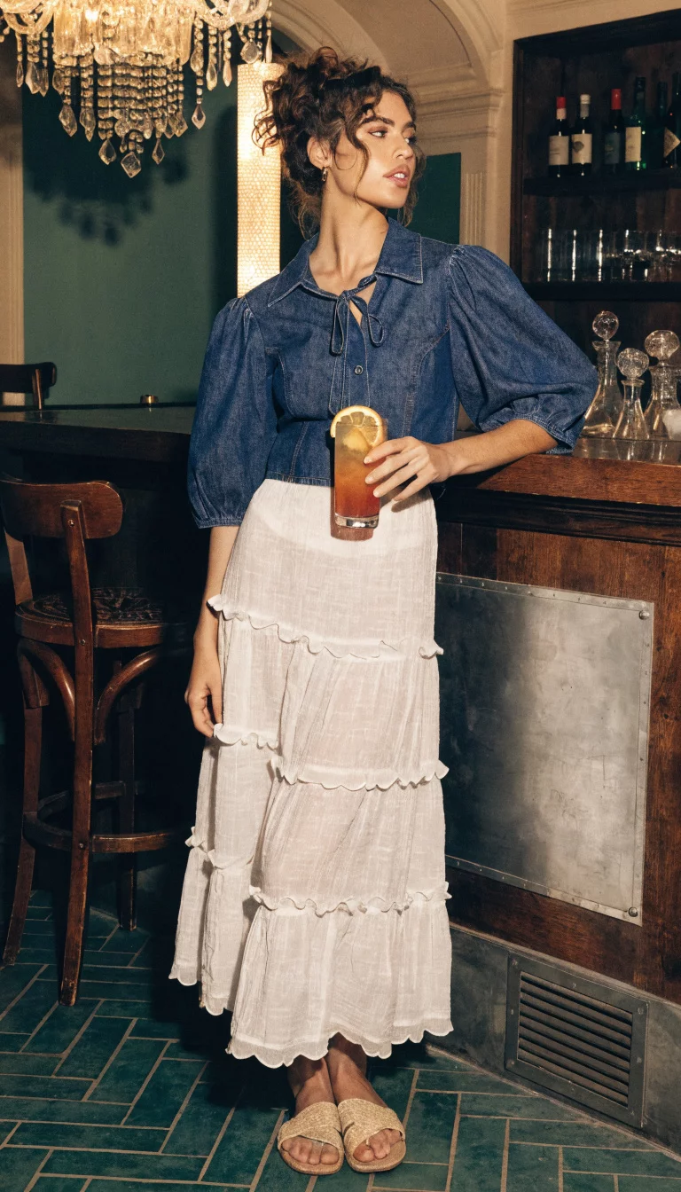 A beautiful woman in a denim look tie front top, long white tiered skirt, and light sandals, she poses by a bar holding a drink.