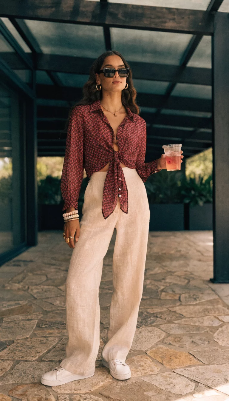 A beautiful woman in a sheer maroon patterned tie front top, dark sunglasses, and wide leg cream trousers, she stands in a modern shaded outdoor space.