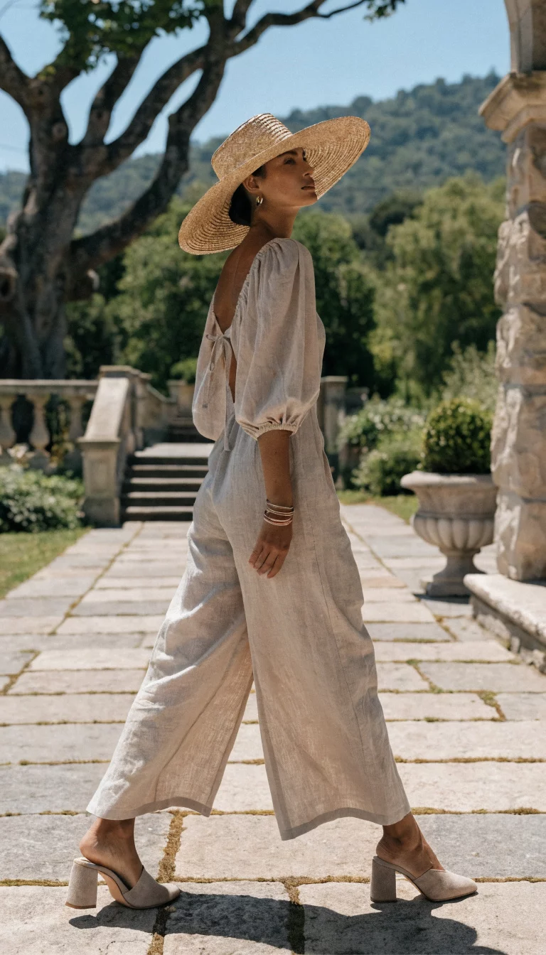 A beautiful woman in a light beige jumpsuit with a low back and tie detail, straw hat, and block heels, she walks on a stone path near architecture.