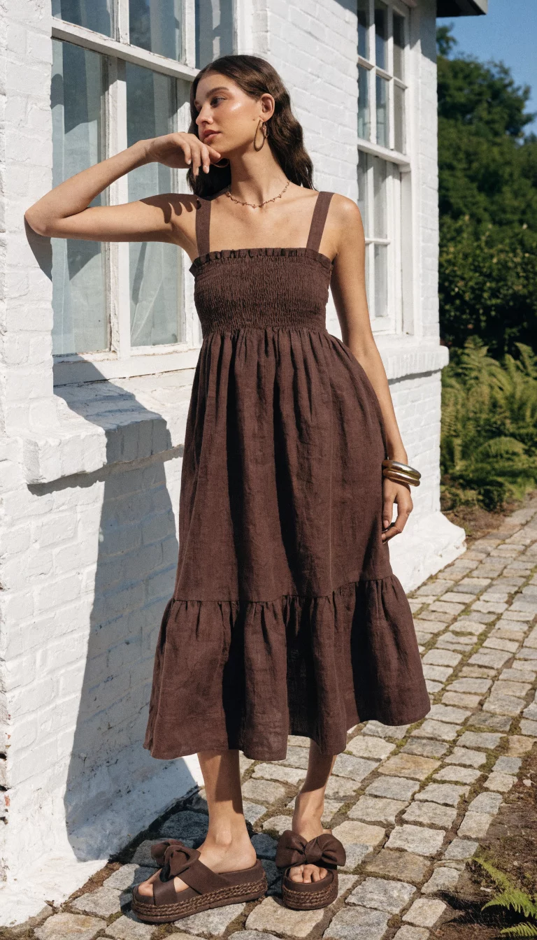 A beautiful woman in a dark brown midi sundress with thick straps and chunky brown sandals, she poses near a small white building with large windows.